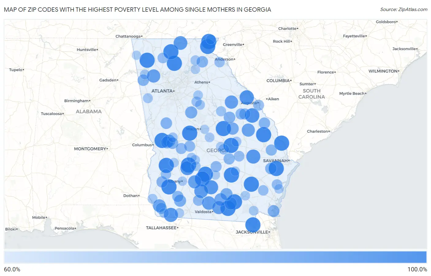 Zip Codes with the Highest Poverty Level Among Single Mothers in Georgia Map
