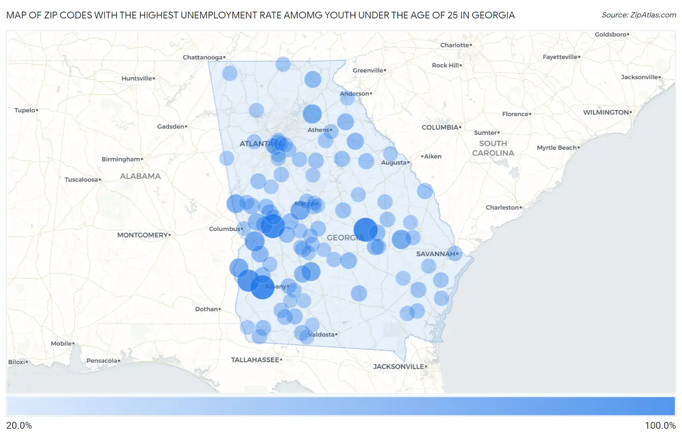 Zip Codes with the Highest Unemployment Rate Amomg Youth Under the Age of 25 in Georgia Map