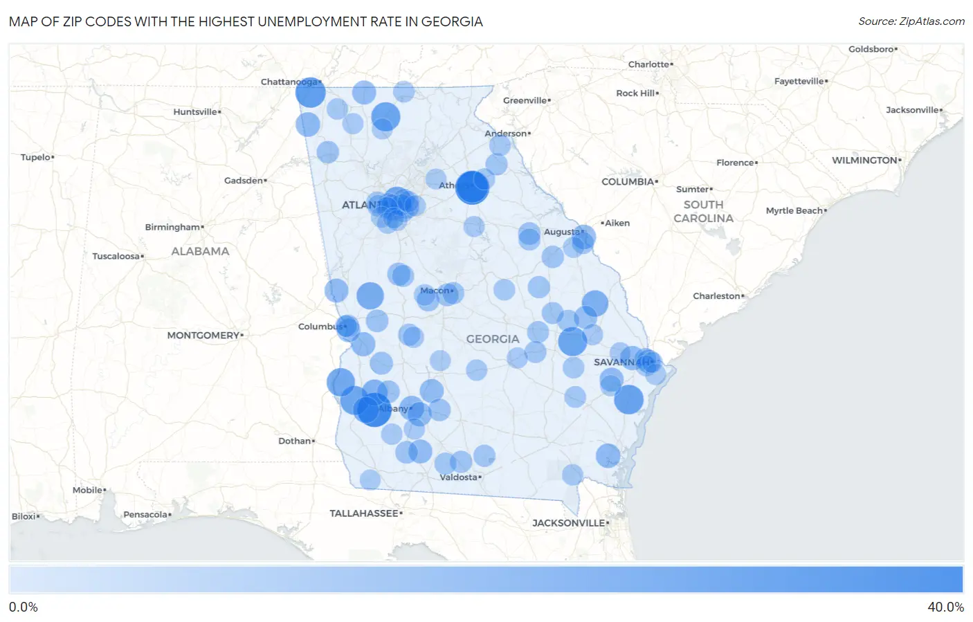 Zip Codes with the Highest Unemployment Rate in Georgia Map