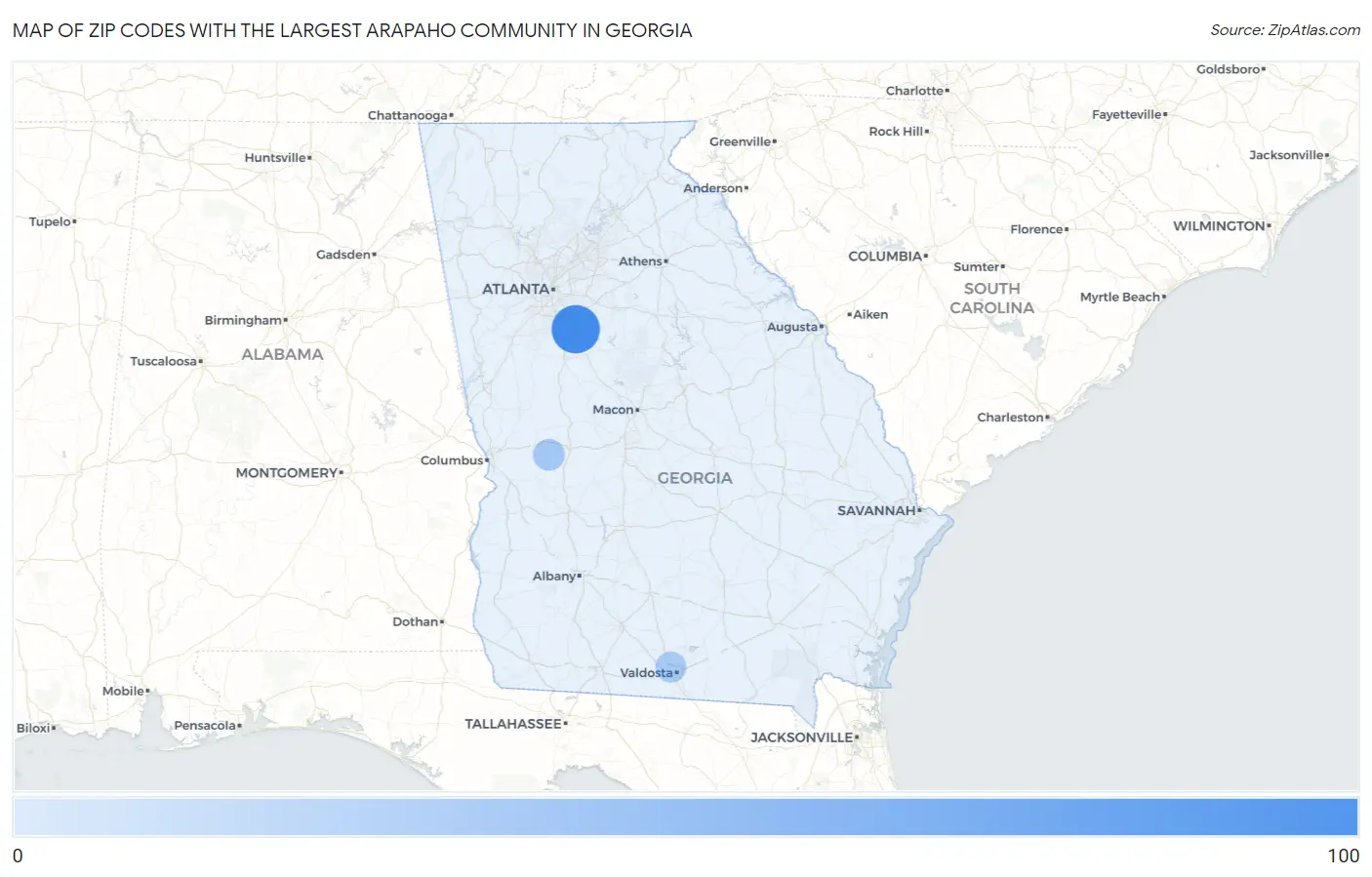 Zip Codes with the Largest Arapaho Community in Georgia Map