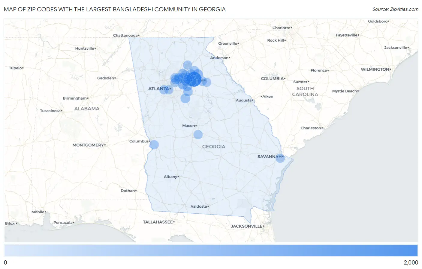 Zip Codes with the Largest Bangladeshi Community in Georgia Map