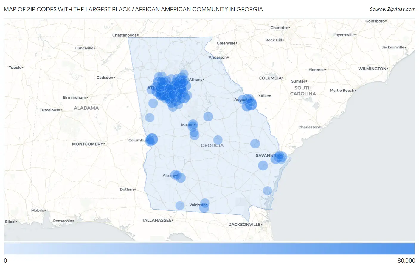 Zip Codes with the Largest Black / African American Community in Georgia Map