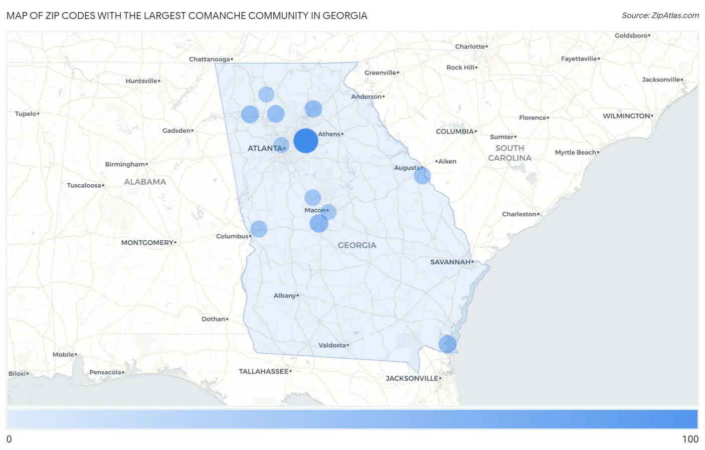 Zip Codes with the Largest Comanche Community in Georgia Map