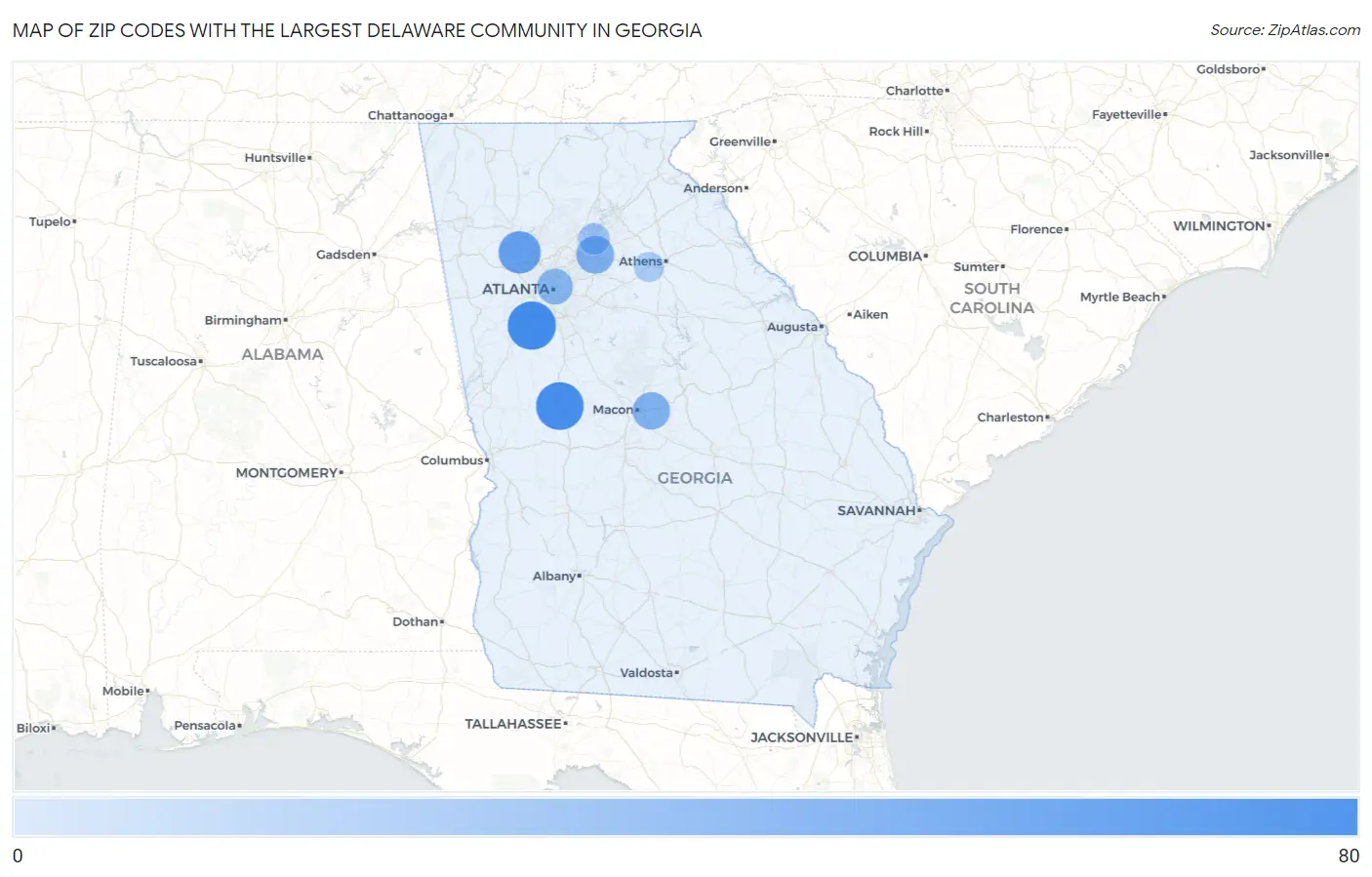 Zip Codes with the Largest Delaware Community in Georgia Map