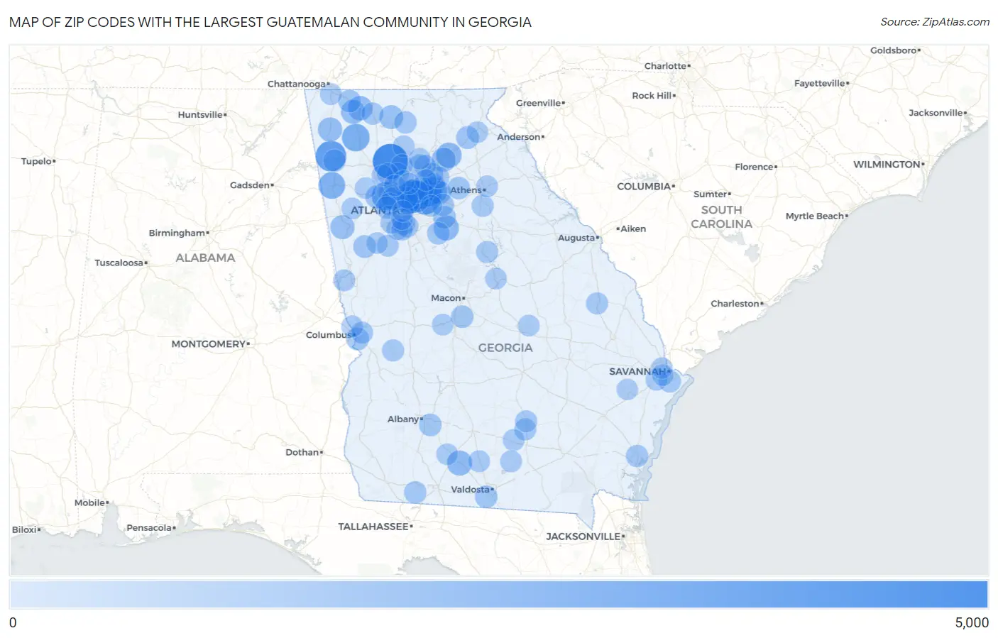Zip Codes with the Largest Guatemalan Community in Georgia Map