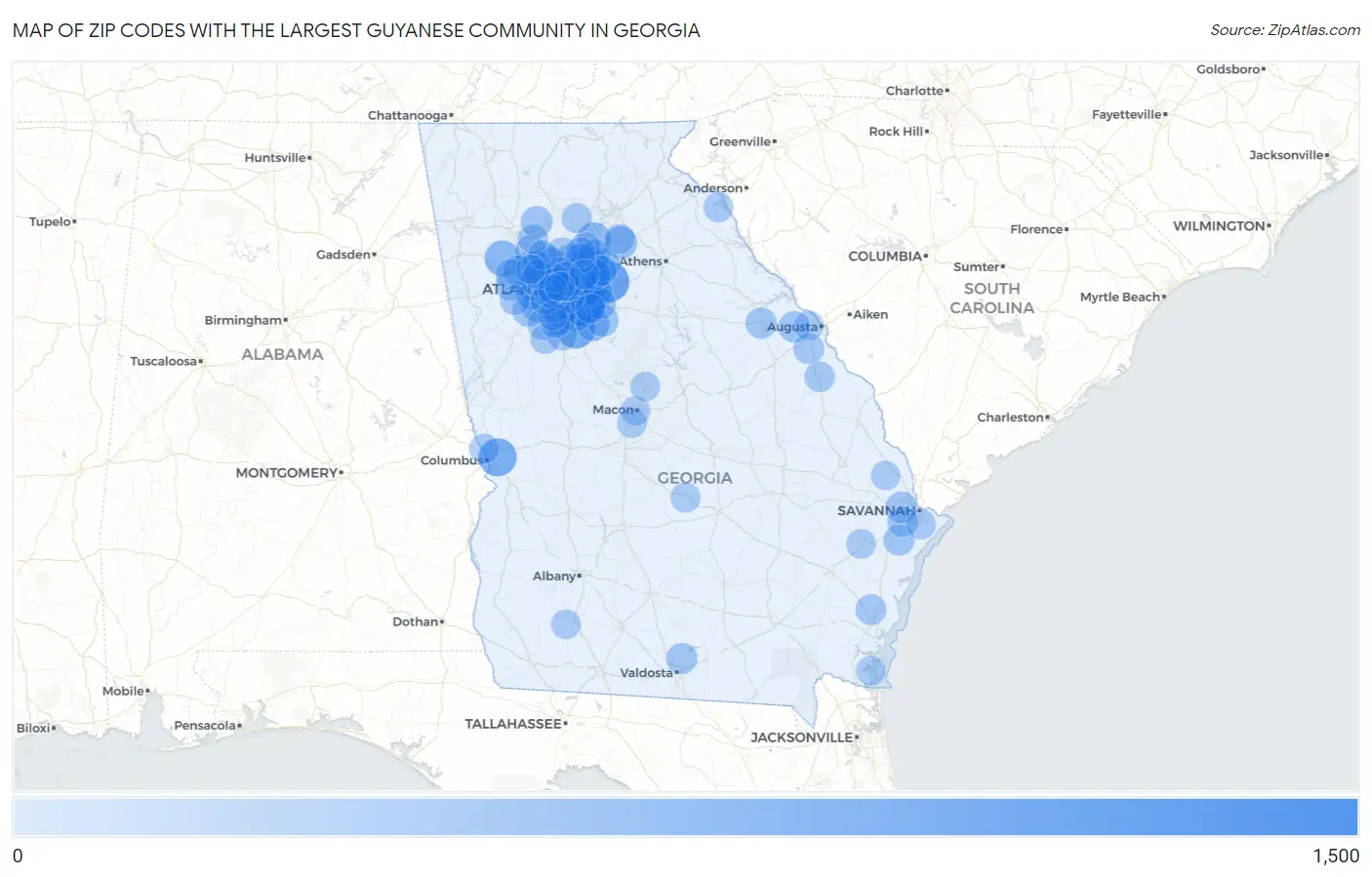 Zip Codes with the Largest Guyanese Community in Georgia Map