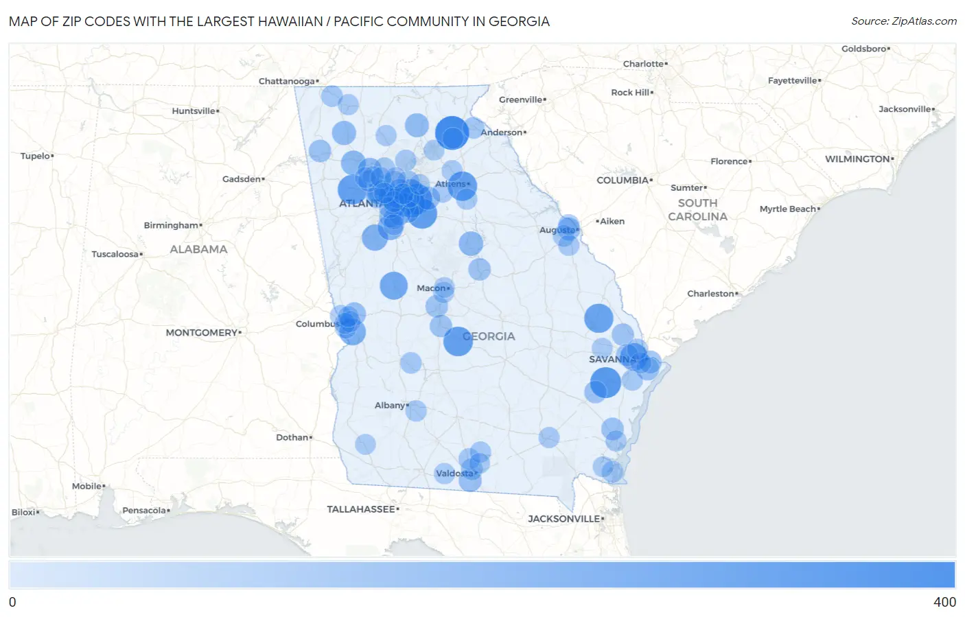 Zip Codes with the Largest Hawaiian / Pacific Community in Georgia Map