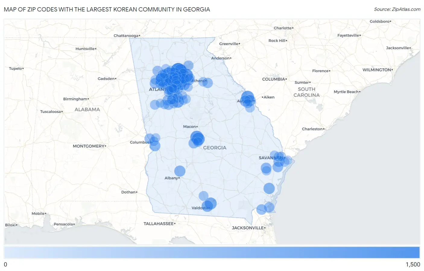 Zip Codes with the Largest Korean Community in Georgia Map