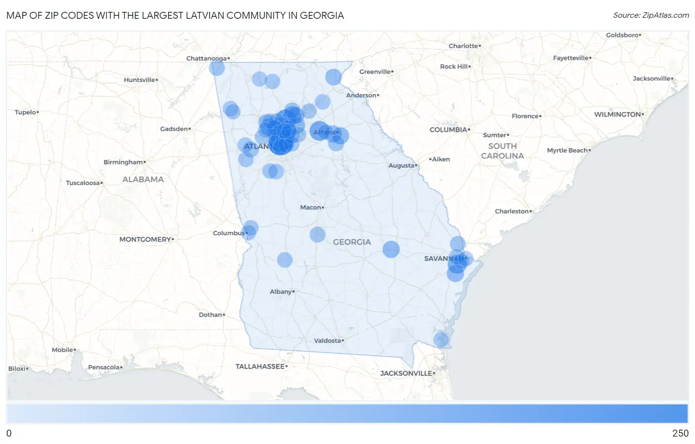 Zip Codes with the Largest Latvian Community in Georgia Map