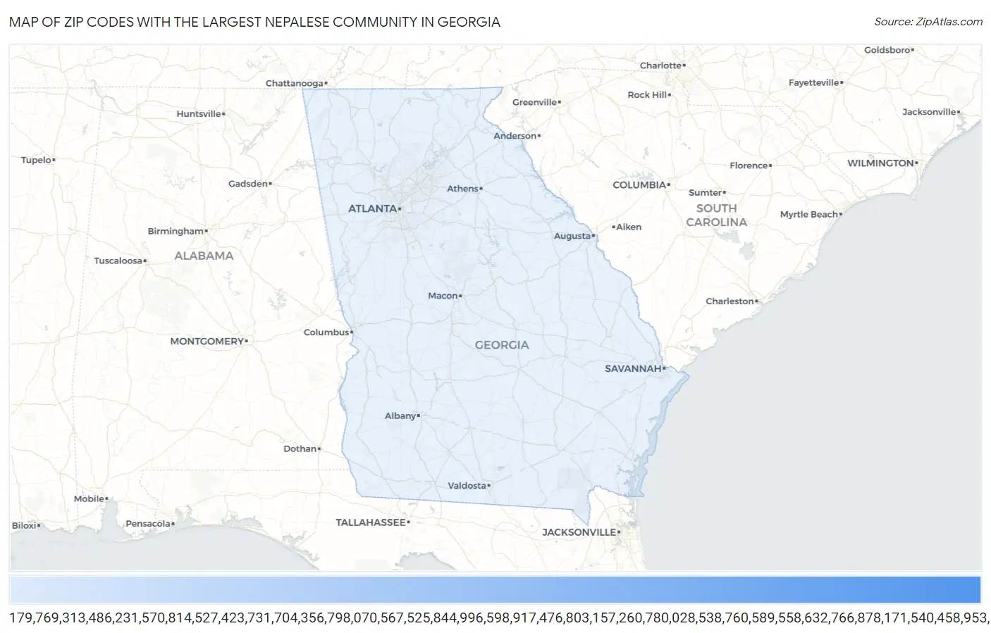 Zip Codes with the Largest Nepalese Community in Georgia Map