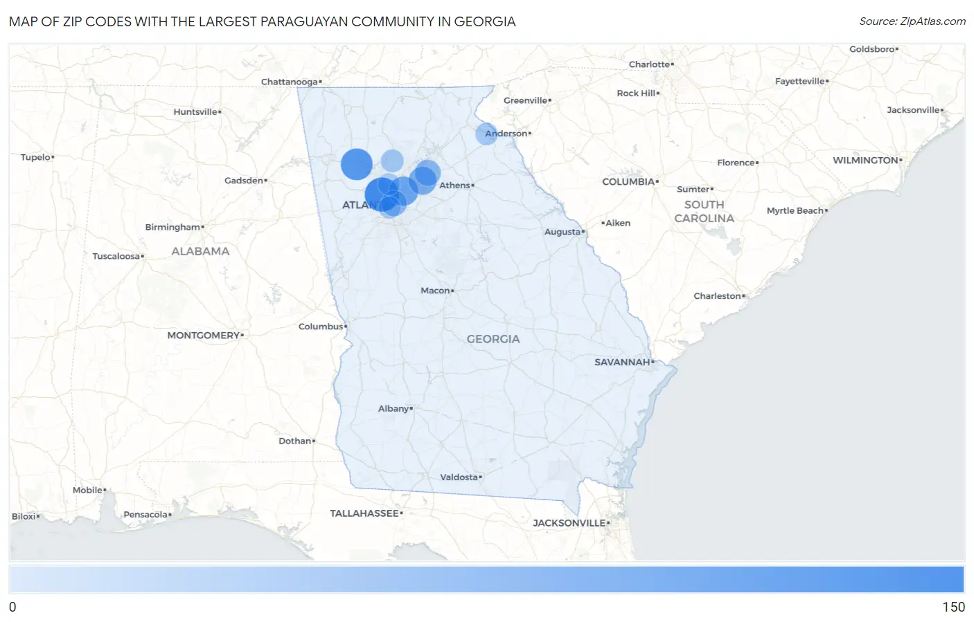 Zip Codes with the Largest Paraguayan Community in Georgia Map