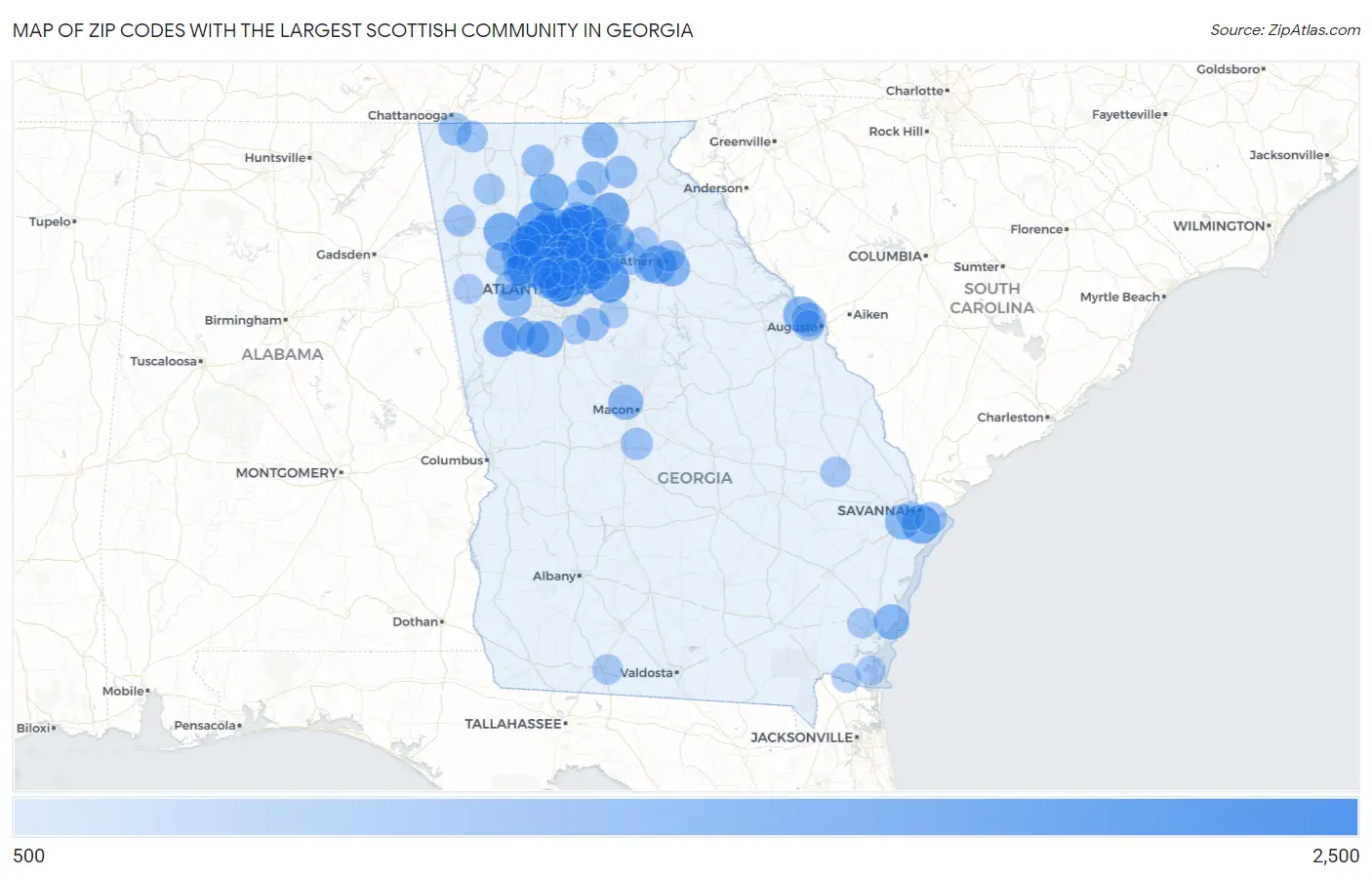 Zip Codes with the Largest Scottish Community in Georgia Map