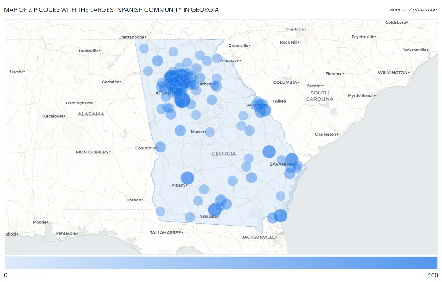 Zip Codes with the Largest Spanish Community in Georgia Map