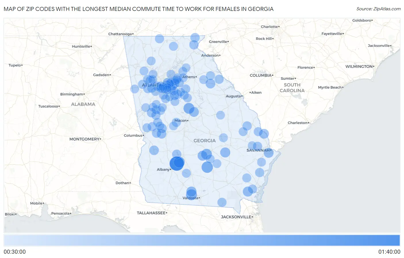 Zip Codes with the Longest Median Commute Time to Work for Females in Georgia Map