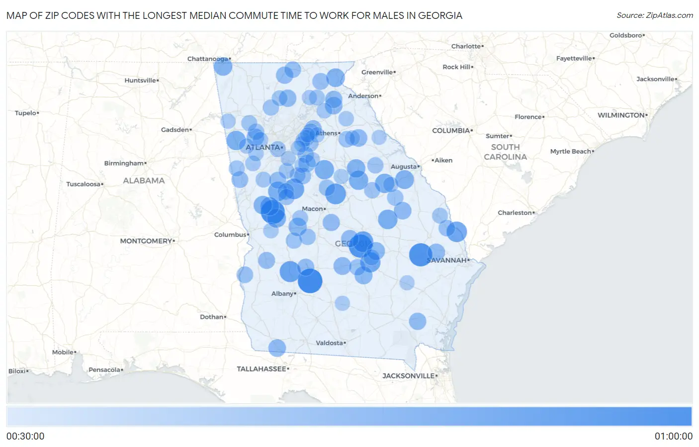 Zip Codes with the Longest Median Commute Time to Work for Males in Georgia Map