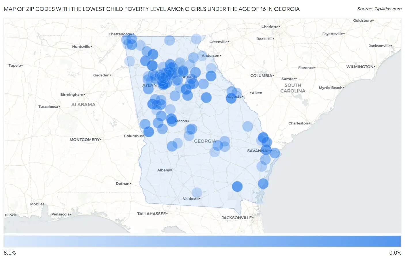 Zip Codes with the Lowest Child Poverty Level Among Girls Under the Age of 16 in Georgia Map