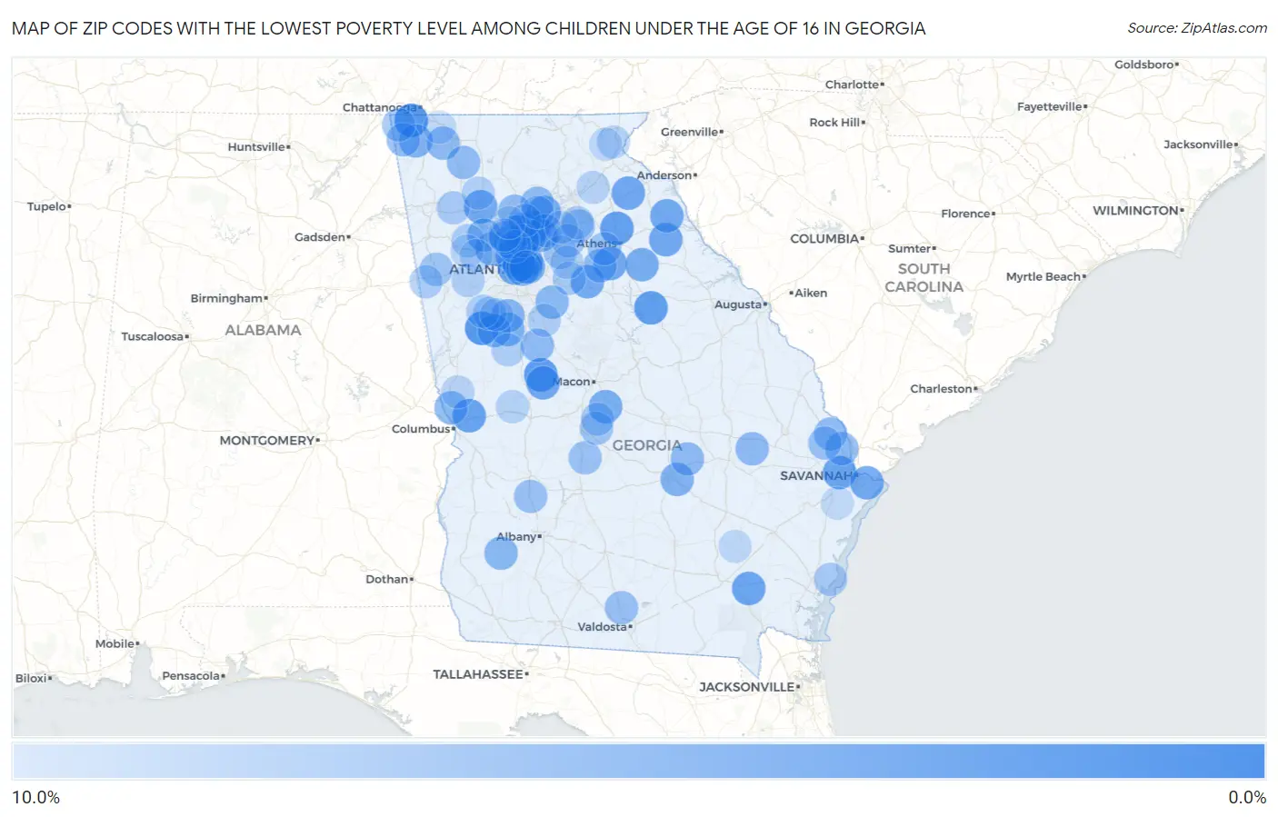 Zip Codes with the Lowest Poverty Level Among Children Under the Age of 16 in Georgia Map
