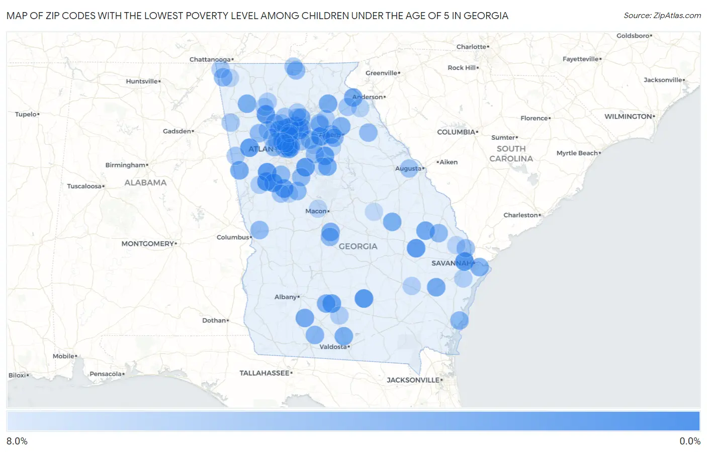 Zip Codes with the Lowest Poverty Level Among Children Under the Age of 5 in Georgia Map