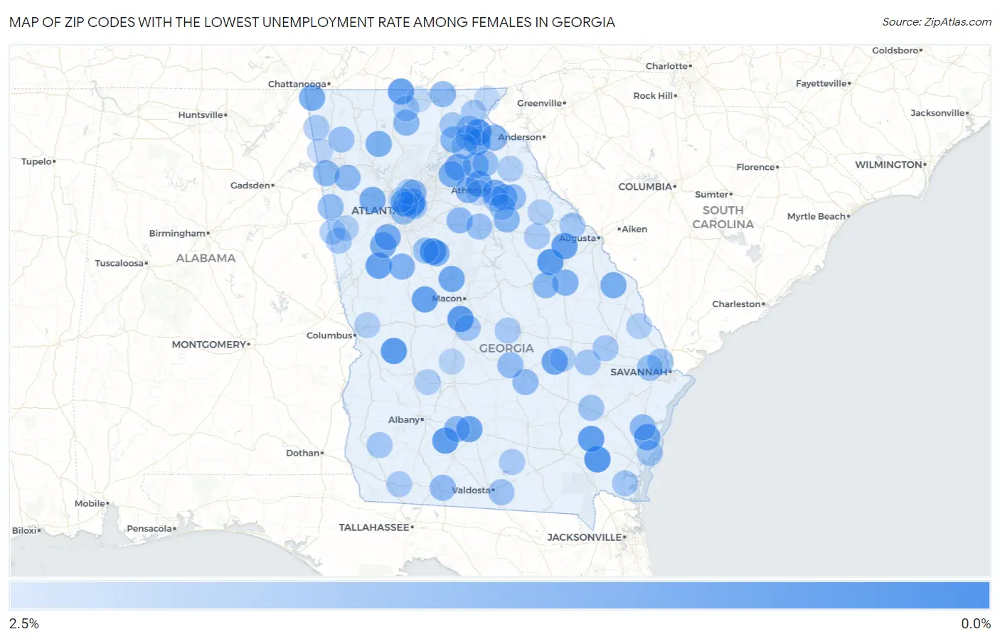 Zip Codes with the Lowest Unemployment Rate Among Females in Georgia Map