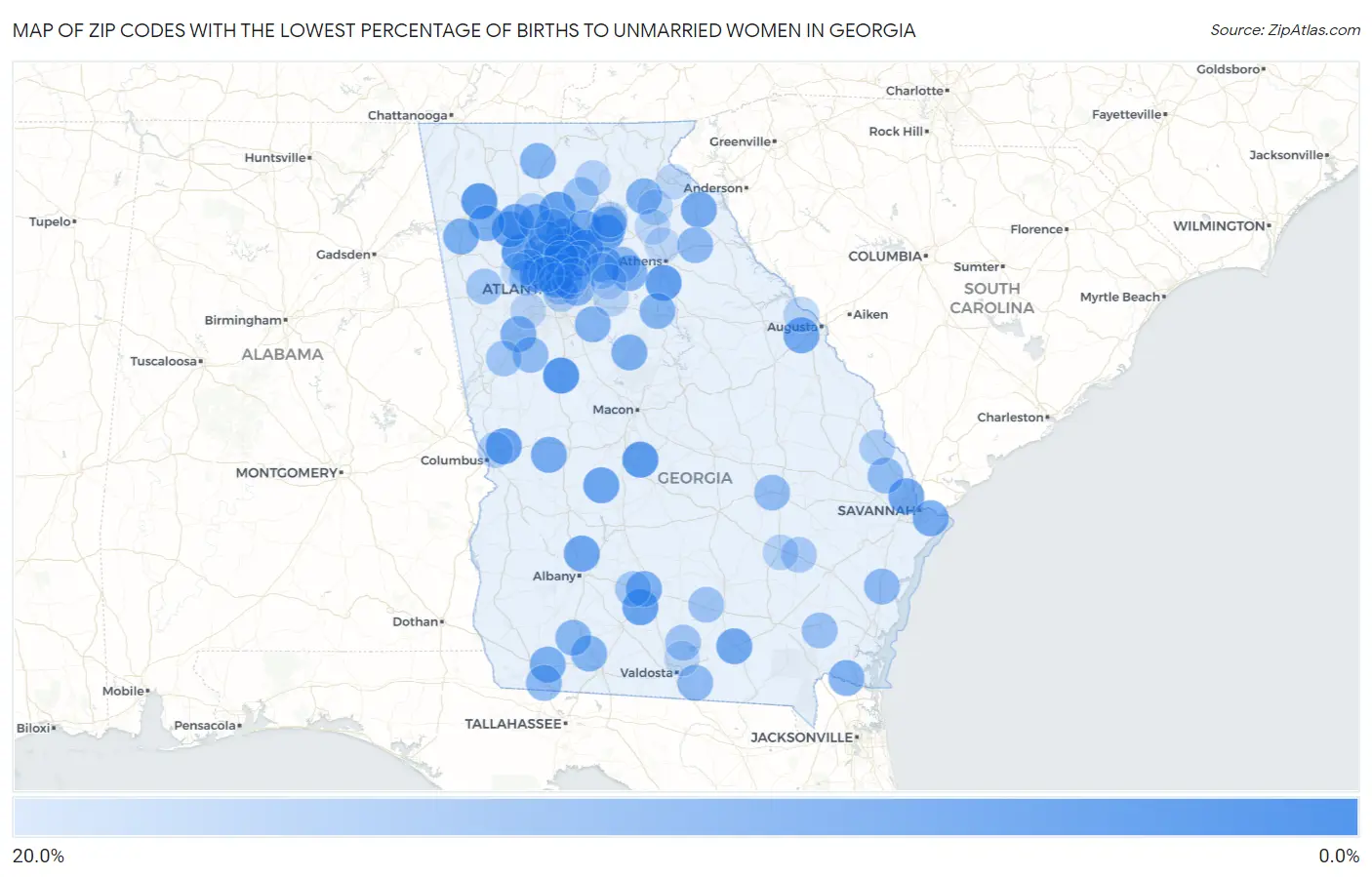 Zip Codes with the Lowest Percentage of Births to Unmarried Women in Georgia Map