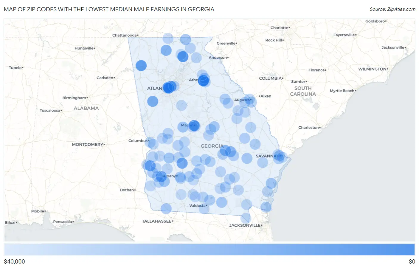 Zip Codes with the Lowest Median Male Earnings in Georgia Map