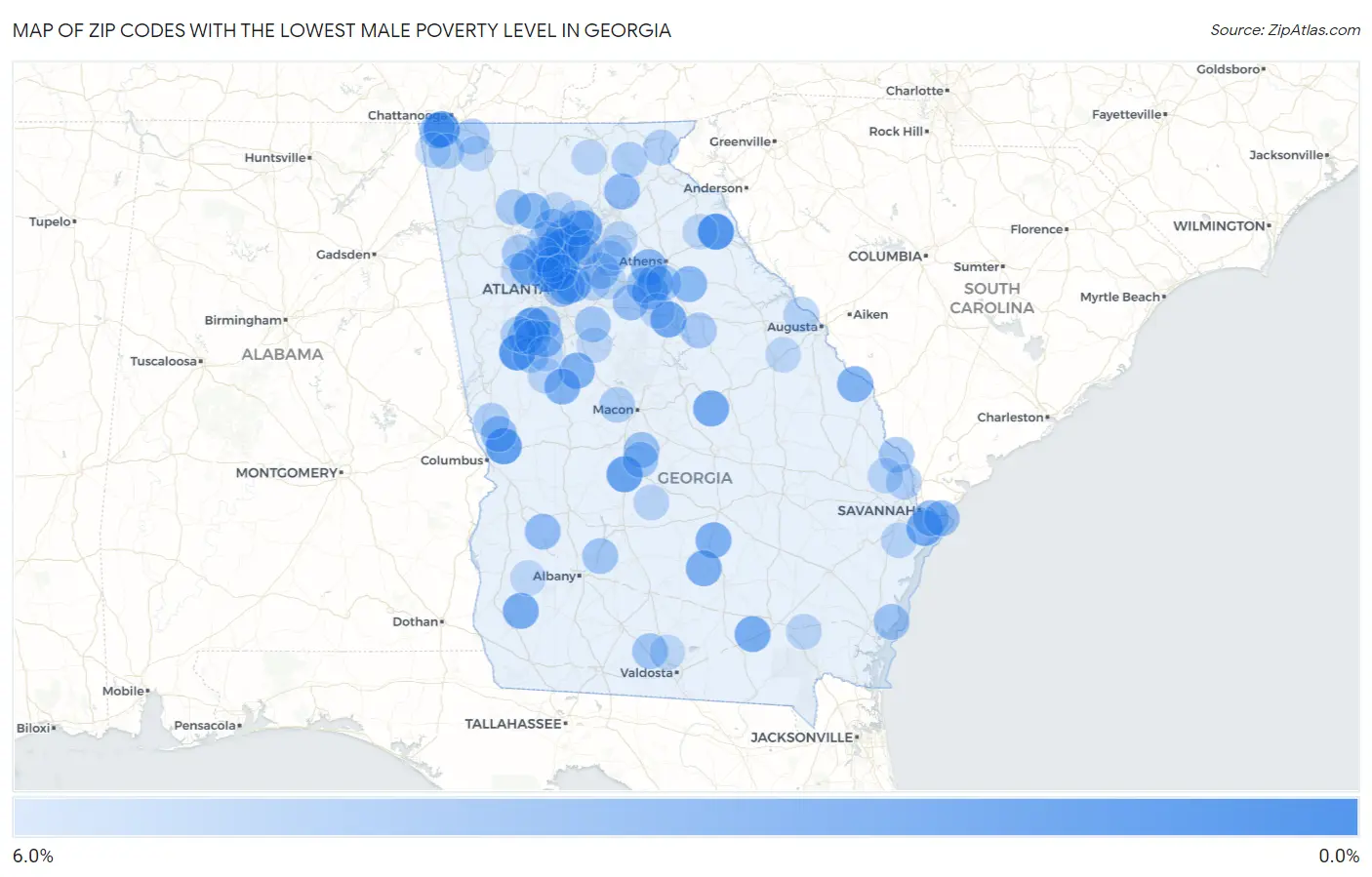 Zip Codes with the Lowest Male Poverty Level in Georgia Map