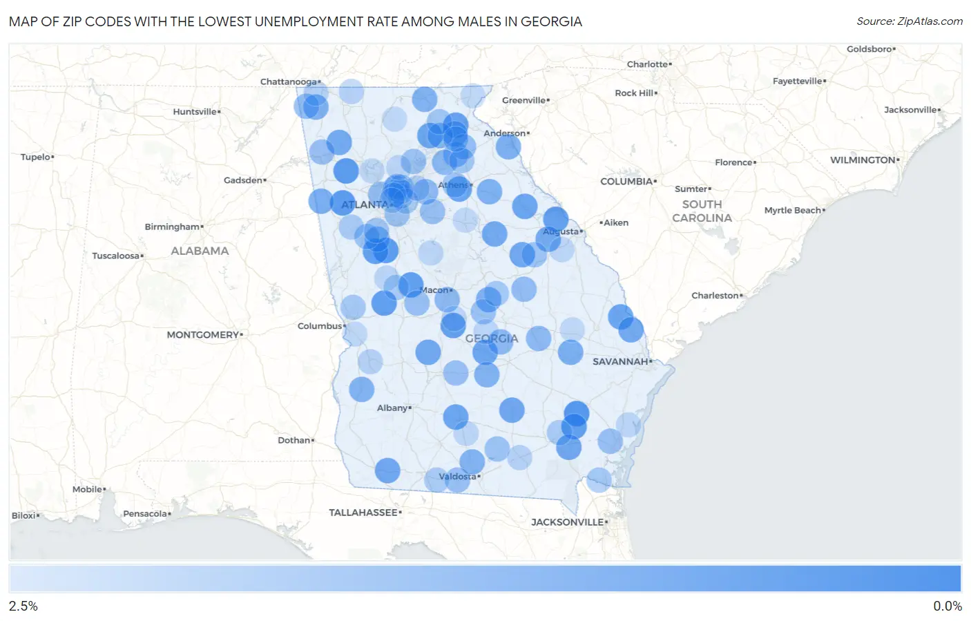Zip Codes with the Lowest Unemployment Rate Among Males in Georgia Map