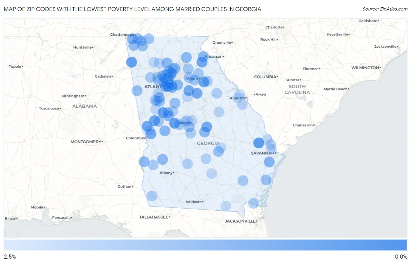 Zip Codes with the Lowest Poverty Level Among Married Couples in Georgia Map