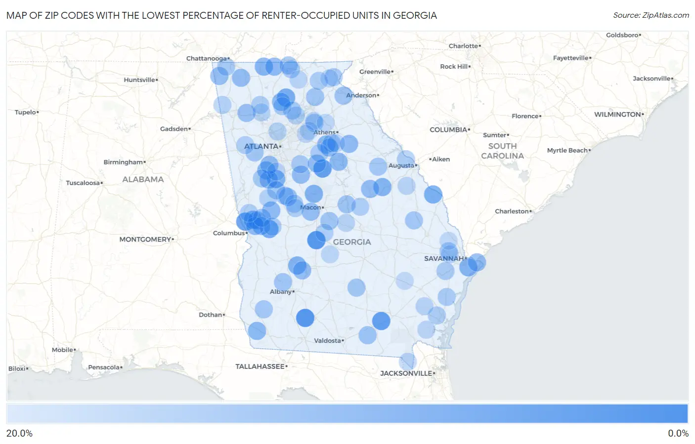 Zip Codes with the Lowest Percentage of Renter-Occupied Units in Georgia Map