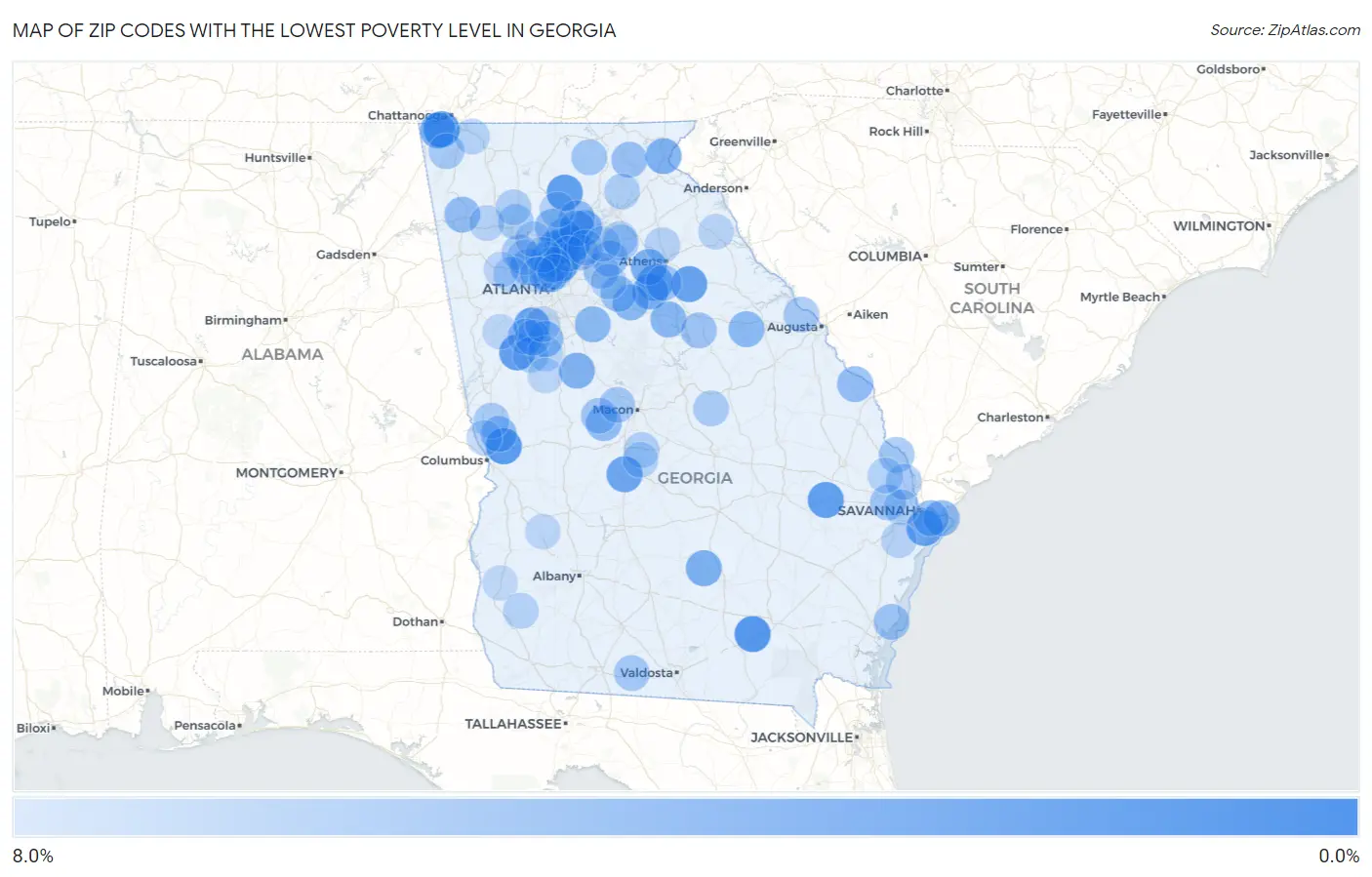Zip Codes with the Lowest Poverty Level in Georgia Map