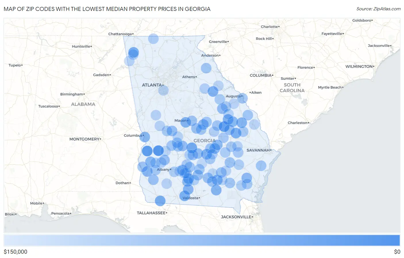 Zip Codes with the Lowest Median Property Prices in Georgia Map