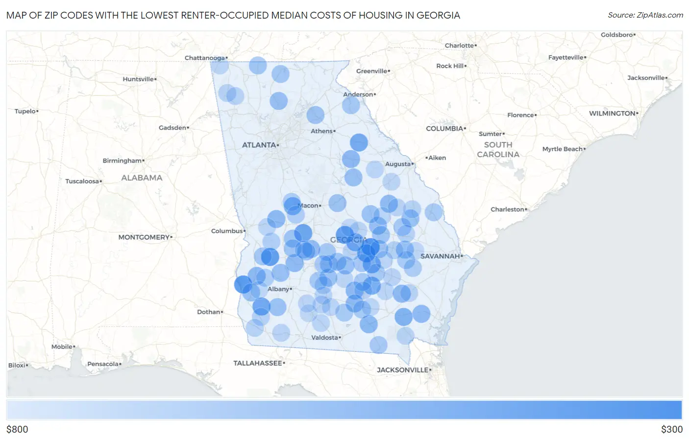 Zip Codes with the Lowest Renter-Occupied Median Costs of Housing in Georgia Map