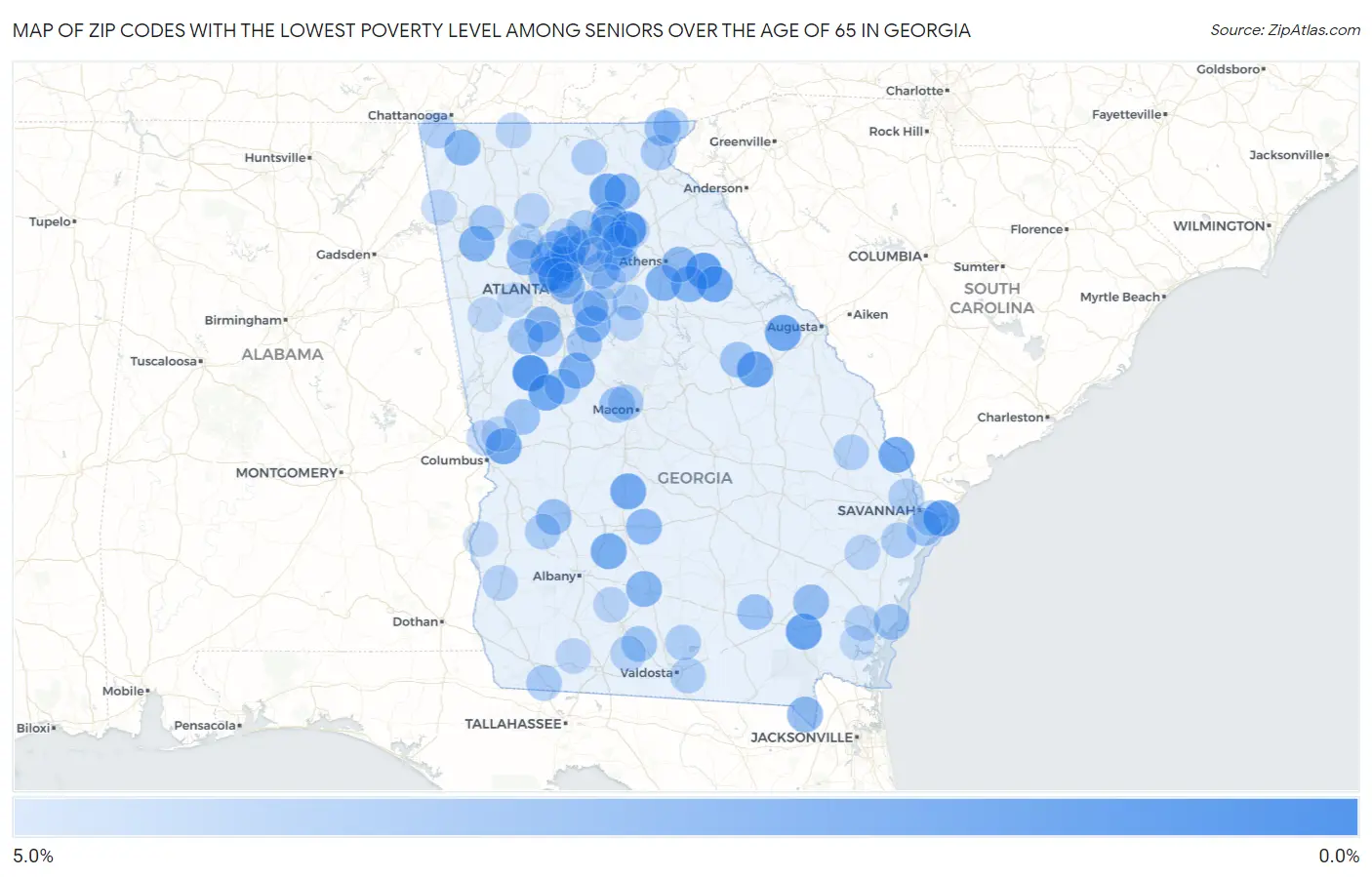 Zip Codes with the Lowest Poverty Level Among Seniors Over the Age of 65 in Georgia Map