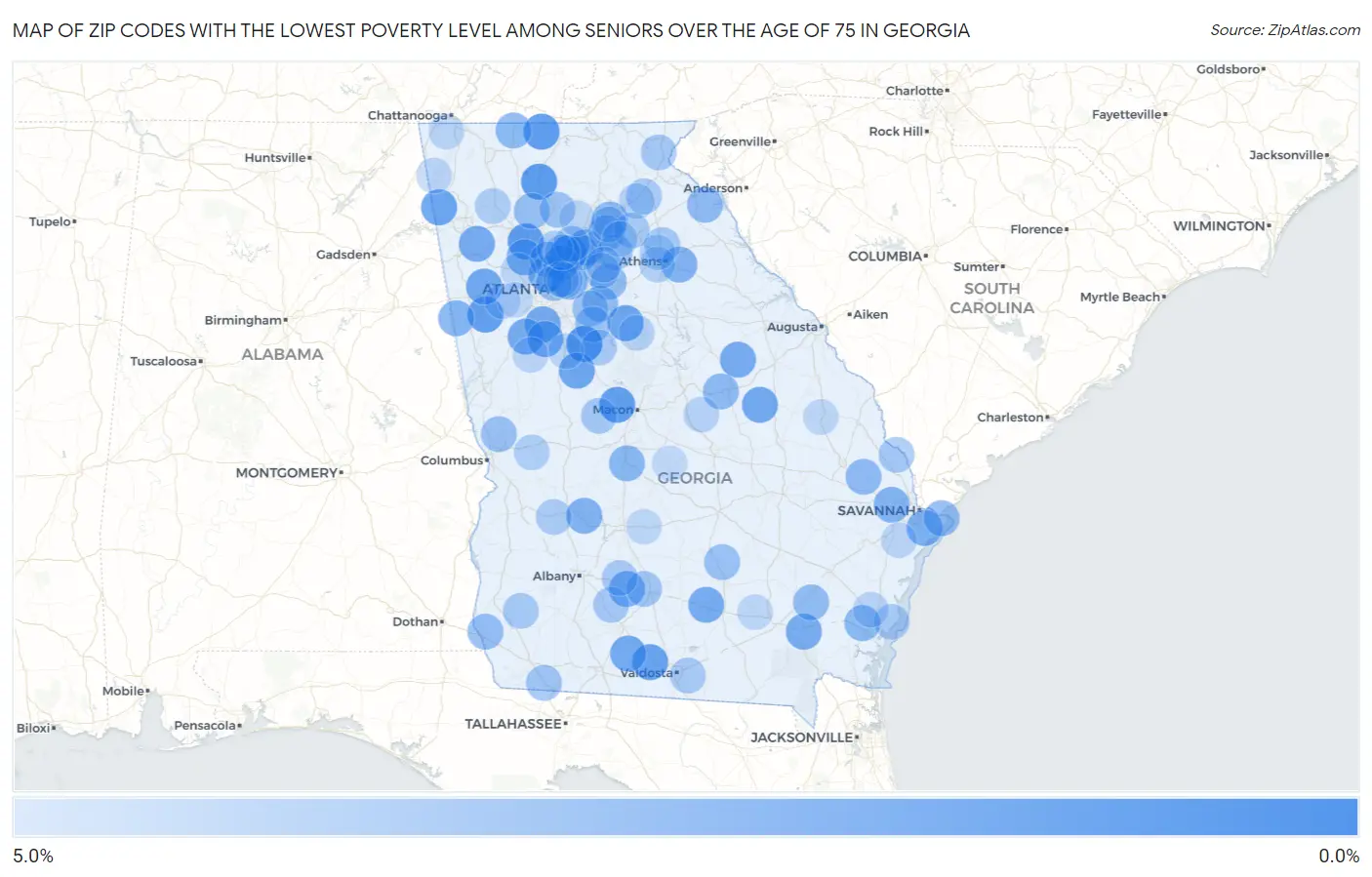 Zip Codes with the Lowest Poverty Level Among Seniors Over the Age of 75 in Georgia Map