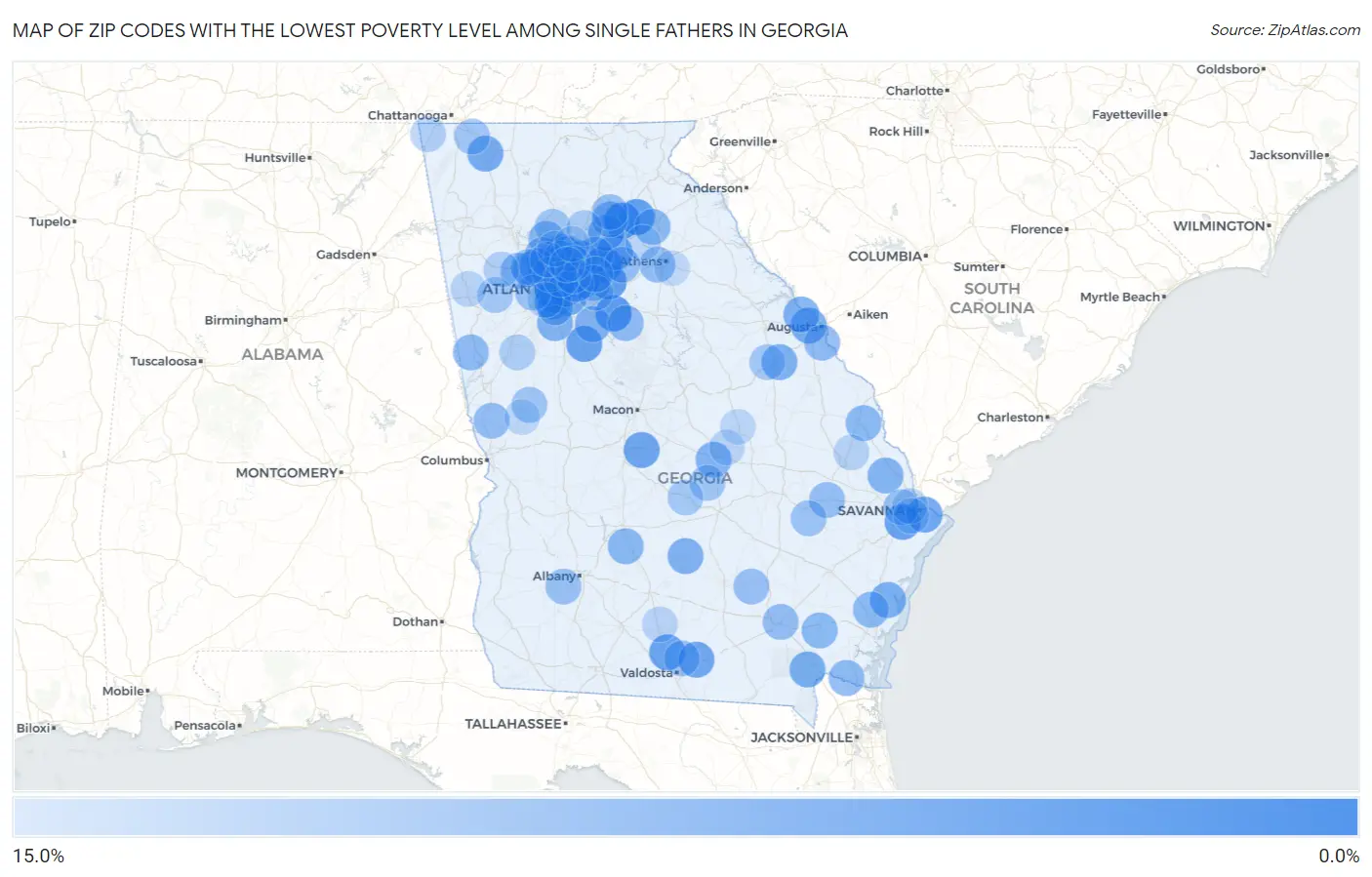 Zip Codes with the Lowest Poverty Level Among Single Fathers in Georgia Map