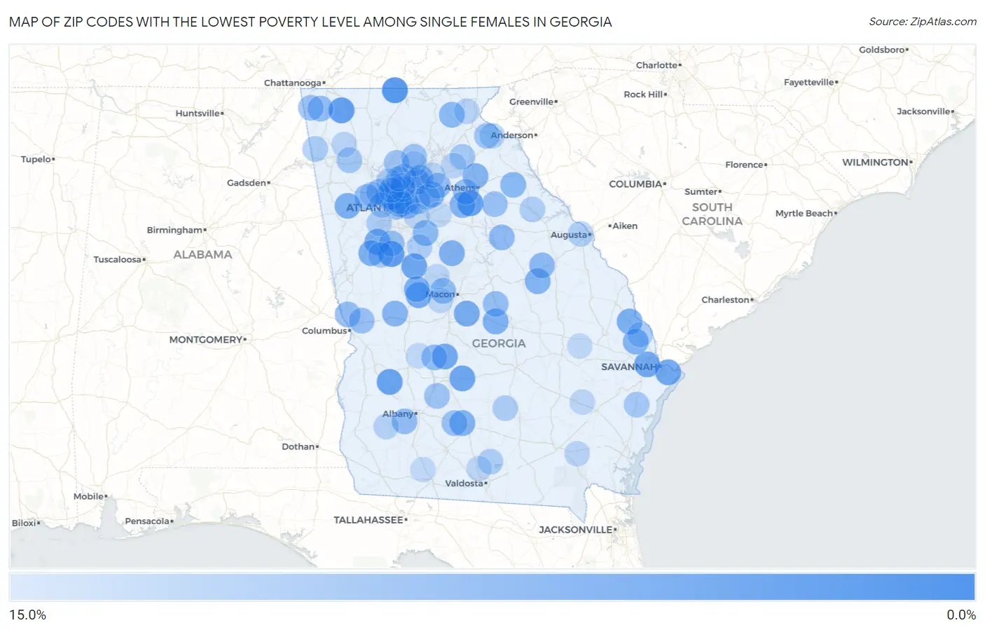 Zip Codes with the Lowest Poverty Level Among Single Females in Georgia Map