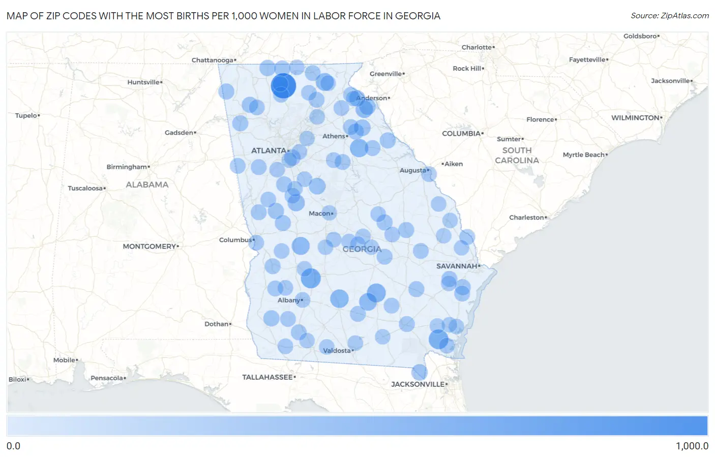 Zip Codes with the Most Births per 1,000 Women in Labor Force in Georgia Map
