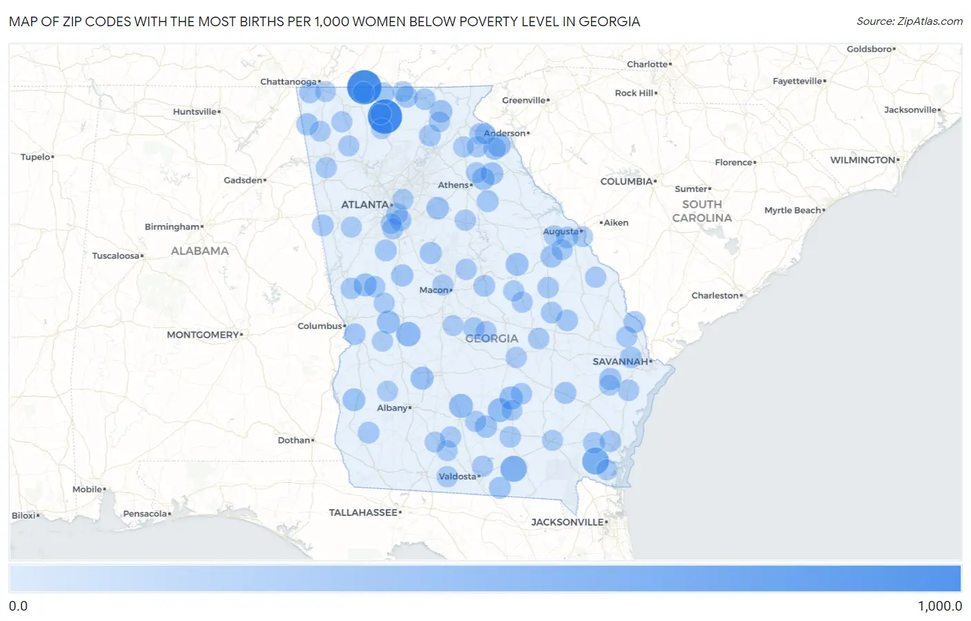 Zip Codes with the Most Births per 1,000 Women Below Poverty Level in Georgia Map