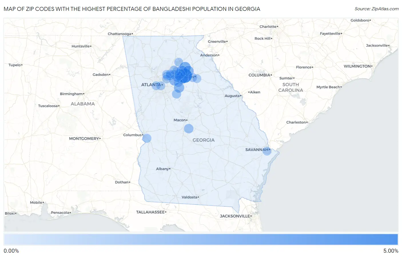 Zip Codes with the Highest Percentage of Bangladeshi Population in Georgia Map