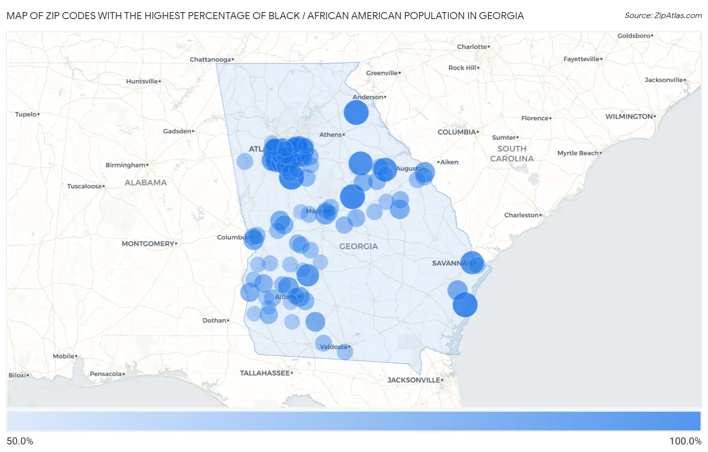 Zip Codes with the Highest Percentage of Black / African American Population in Georgia Map