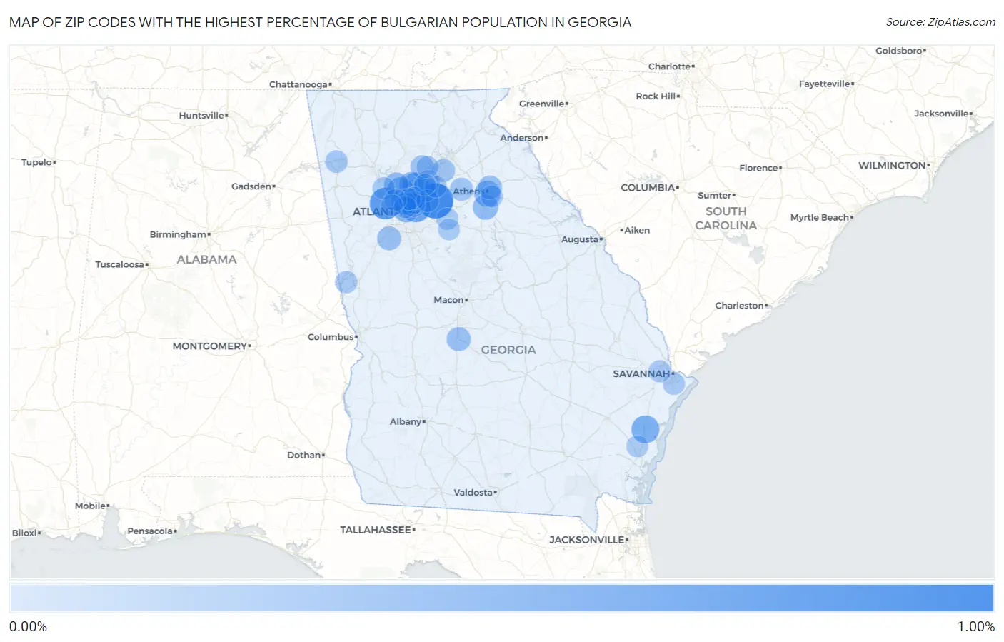 Zip Codes with the Highest Percentage of Bulgarian Population in Georgia Map