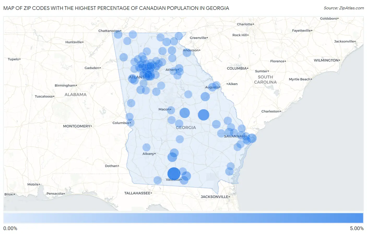 Zip Codes with the Highest Percentage of Canadian Population in Georgia Map