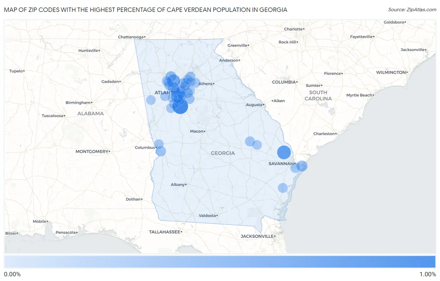 Zip Codes with the Highest Percentage of Cape Verdean Population in Georgia Map