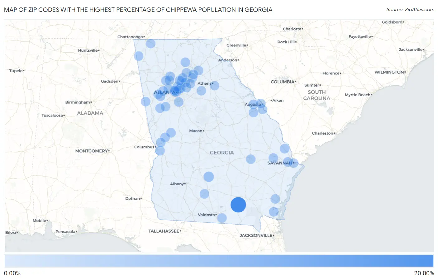 Zip Codes with the Highest Percentage of Chippewa Population in Georgia Map