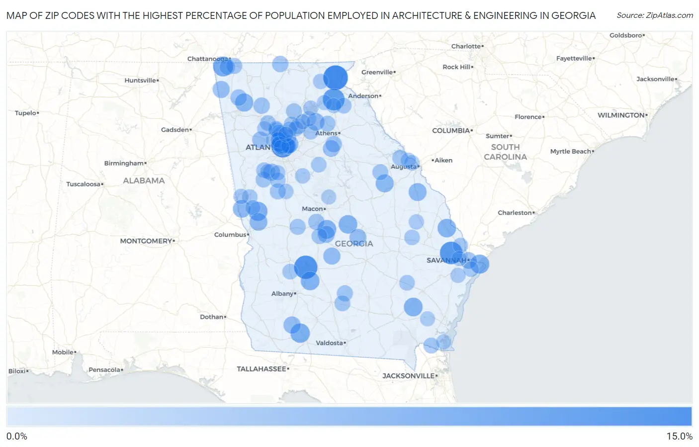 Zip Codes with the Highest Percentage of Population Employed in Architecture & Engineering in Georgia Map