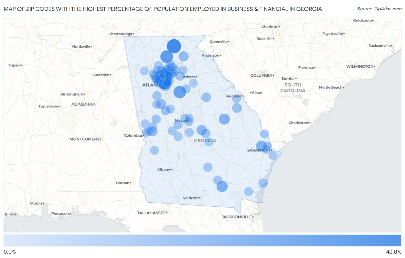 Zip Codes with the Highest Percentage of Population Employed in Business & Financial in Georgia Map