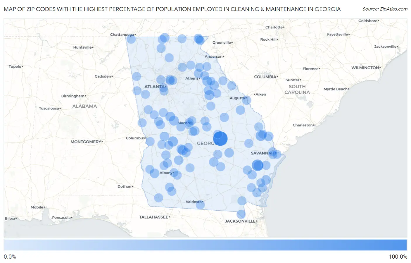 Zip Codes with the Highest Percentage of Population Employed in Cleaning & Maintenance in Georgia Map