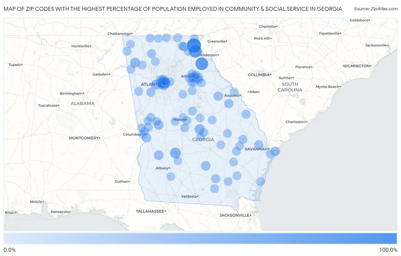 Zip Codes with the Highest Percentage of Population Employed in Community & Social Service  in Georgia Map