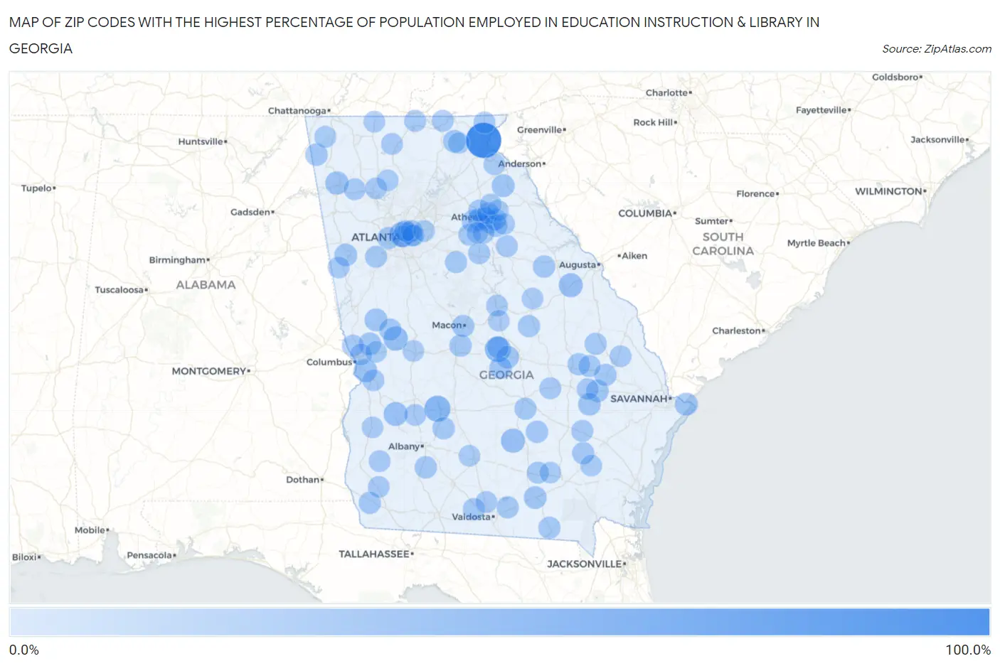 Zip Codes with the Highest Percentage of Population Employed in Education Instruction & Library in Georgia Map
