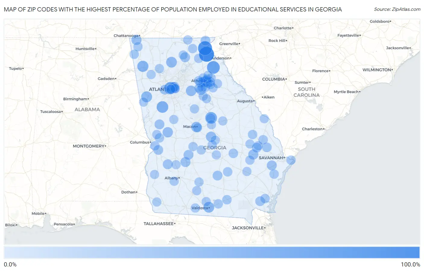 Zip Codes with the Highest Percentage of Population Employed in Educational Services in Georgia Map
